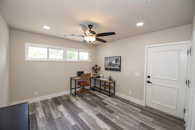 75 Sherman Dr, Red Bluff, CA 96080 - office space with recessed lighting, ceiling fan, dark wood-style flooring, and baseboards
