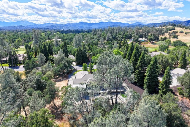 aerial view of a mountain backdrop and a heavily wooded area
