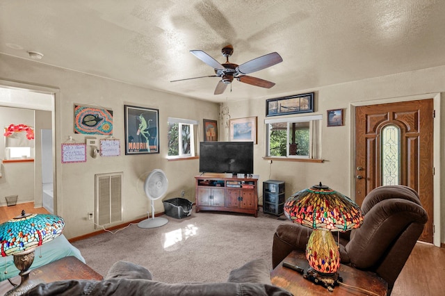 1704 Ashby Rd, Shasta Lake, CA 96019 - living area with healthy amount of natural light, ceiling fan, a textured ceiling, and baseboards