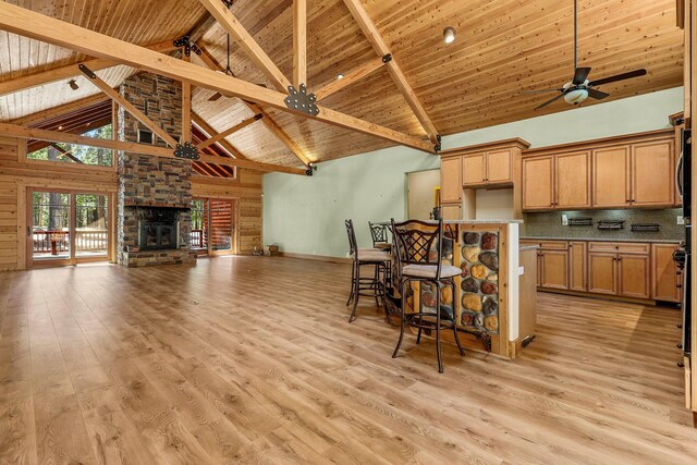 7185 Whispering Winds Ct, Shingletown, CA 96088 - kitchen featuring high vaulted ceiling, light wood-style flooring, open floor plan, ceiling fan, and wood ceiling with exposed beams