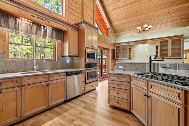 7185 Whispering Winds Ct, Shingletown, CA 96088 - kitchen featuring stainless steel appliances, a sink, tasteful backsplash, and wood ceiling
