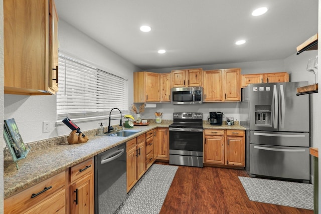 30681 Sleepy Hollow Dr, Shingletown, CA 96088 - kitchen with appliances with stainless steel finishes, recessed lighting, dark wood-type flooring, and light stone countertops