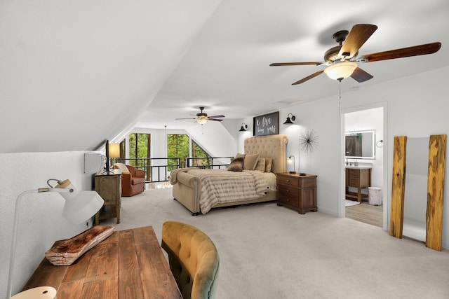 30681 Sleepy Hollow Dr, Shingletown, CA 96088 - bedroom with carpet floors, vaulted ceiling, ceiling fan, and ensuite bathroom