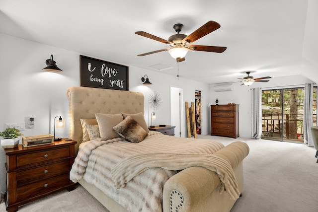 30681 Sleepy Hollow Dr, Shingletown, CA 96088 - bedroom with an AC wall unit, light carpet, access to outside, and a ceiling fan