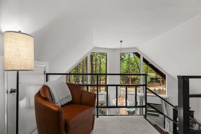 30681 Sleepy Hollow Dr, Shingletown, CA 96088 - living area with vaulted ceiling, an upstairs landing, and carpet floors