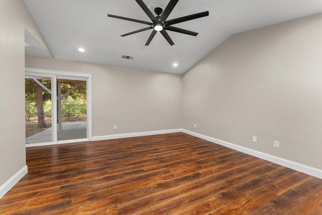 507 Olympic St, Redding, CA 96003 - unfurnished room featuring vaulted ceiling, a ceiling fan, baseboards, wood finished floors, and recessed lighting