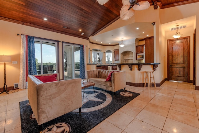 4684 Oak Glen Dr, Redding, CA 96001 - living area featuring wooden ceiling, lofted ceiling, light tile patterned flooring, baseboards, and recessed lighting