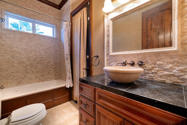 4684 Oak Glen Dr, Redding, CA 96001 - full bath with tasteful backsplash, vanity, toilet, and shower / bath combination with curtain
