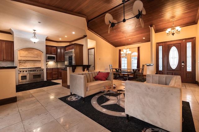 4684 Oak Glen Dr, Redding, CA 96001 - living area featuring a chandelier, wood ceiling, ornamental molding, light tile patterned floors, and recessed lighting