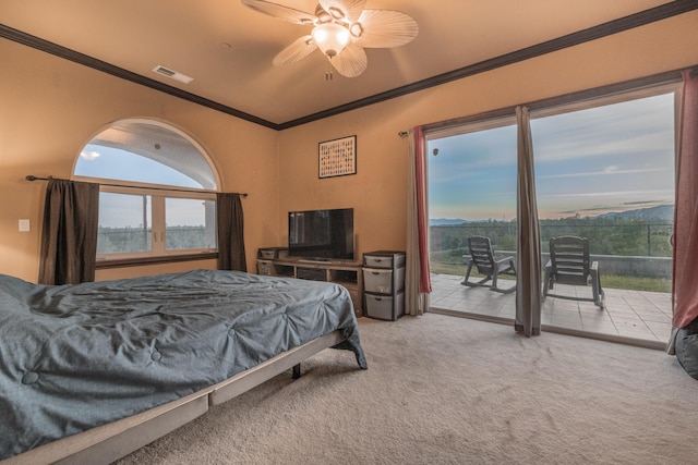 4684 Oak Glen Dr, Redding, CA 96001 - carpeted bedroom featuring access to outside, crown molding, and ceiling fan