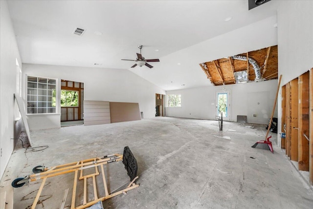 17171 Flanagan Rd, Redding, CA 96003 - unfurnished living room with vaulted ceiling and ceiling fan