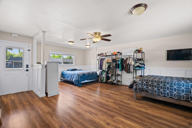 3689 Suzanne Way, Redding, CA 96002 - bedroom featuring wood finished floors, wainscoting, and ceiling fan