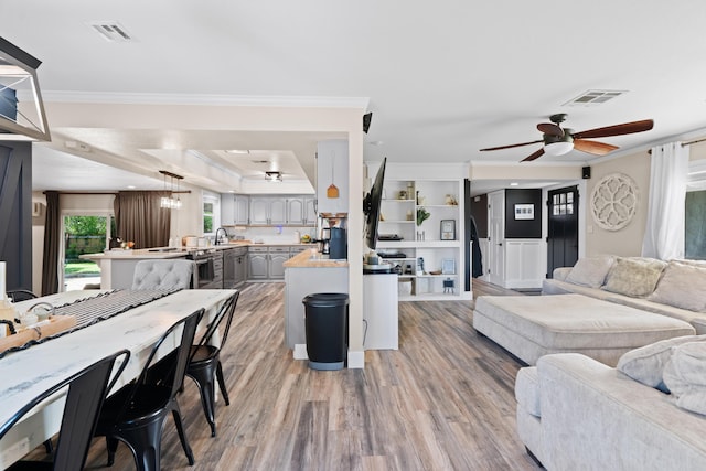 3689 Suzanne Way, Redding, CA 96002 - living area featuring a ceiling fan, crown molding, light wood finished floors, and a tray ceiling
