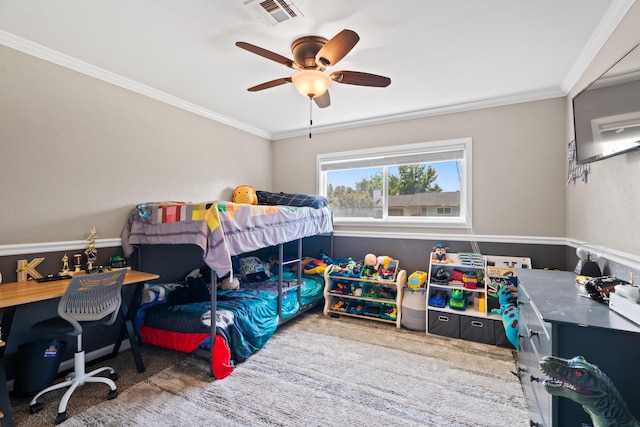 3689 Suzanne Way, Redding, CA 96002 - bedroom featuring ornamental molding and a ceiling fan