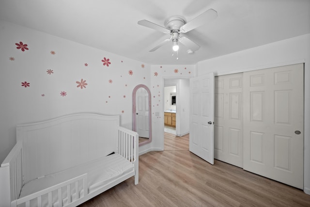 1706 Stanton Dr, Shasta Lake, CA 96019 - unfurnished bedroom with a closet, light wood finished floors, and a ceiling fan