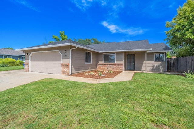 ranch-style home featuring brick siding, a garage, driveway, and roof with shingles