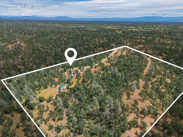 16605 Lassen Ave, Anderson, CA 96007 - aerial overview of property's location with property boundaries highlighted, a mountainous background, and a forest