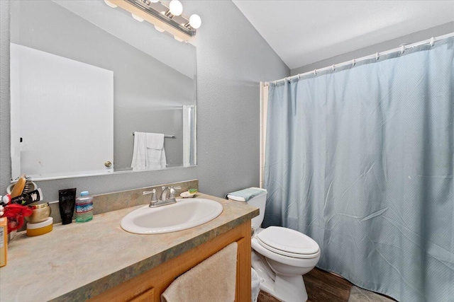 16605 Lassen Ave, Anderson, CA 96007 - full bathroom with lofted ceiling, toilet, vanity, and a shower with shower curtain