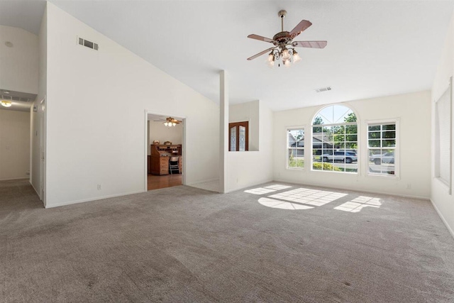 1366 Carla Cir, Redding, CA 96003 - unfurnished living room with ceiling fan, carpet flooring, high vaulted ceiling, and baseboards