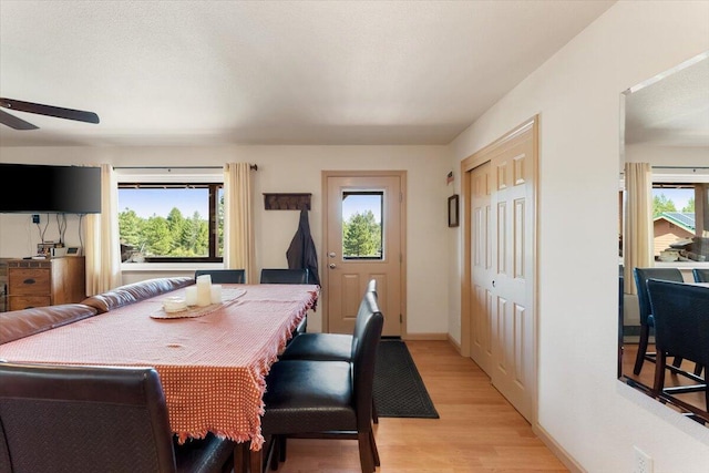 2125 Lava, Mccloud, CA 96057 - dining room with light wood-style floors, ceiling fan, and baseboards