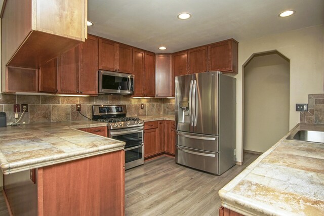 7289 Clarabelle Ln, Shingletown, CA 96088 - kitchen featuring appliances with stainless steel finishes, recessed lighting, backsplash, a sink, and light wood-style floors