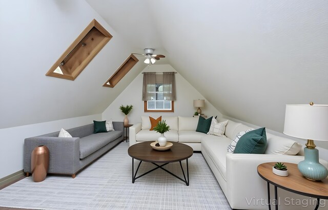 7289 Clarabelle Ln, Shingletown, CA 96088 - living room with a skylight, ceiling fan, and lofted ceiling