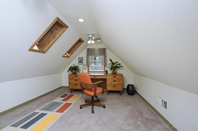 7289 Clarabelle Ln, Shingletown, CA 96088 - office area with carpet floors, a skylight, vaulted ceiling, ceiling fan, and baseboards