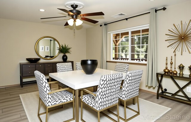 7289 Clarabelle Ln, Shingletown, CA 96088 - dining space with light wood finished floors, ceiling fan, baseboards, and recessed lighting