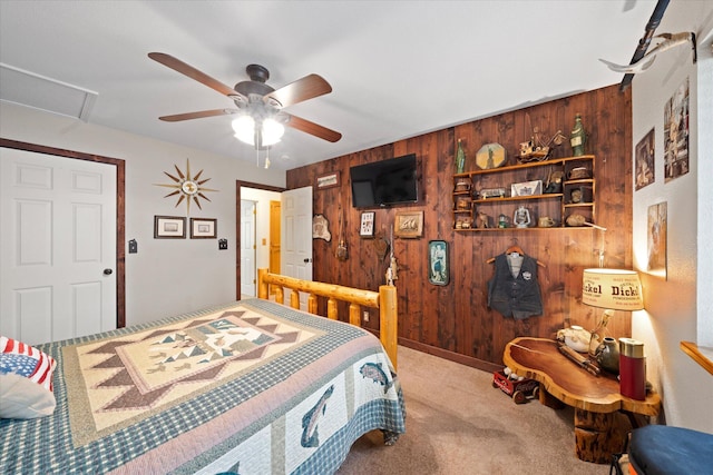 37189 Galena Cir, Burney, CA 96013 - carpeted bedroom featuring wooden walls, attic access, and a ceiling fan
