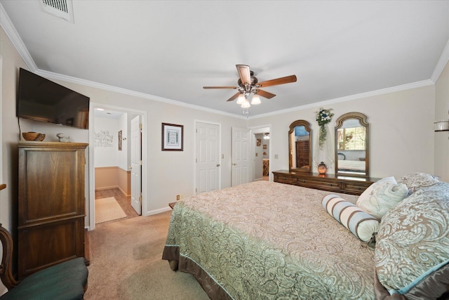 37189 Galena Cir, Burney, CA 96013 - bedroom with light colored carpet, ornamental molding, baseboards, a ceiling fan, and connected bathroom