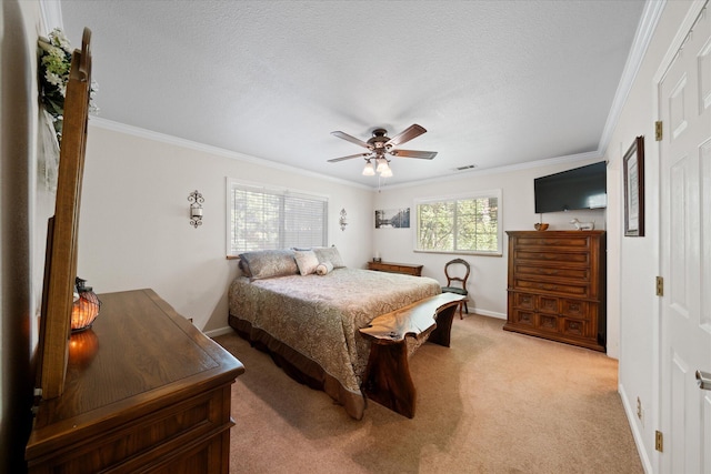37189 Galena Cir, Burney, CA 96013 - bedroom featuring ornamental molding, light carpet, baseboards, a ceiling fan, and a textured ceiling