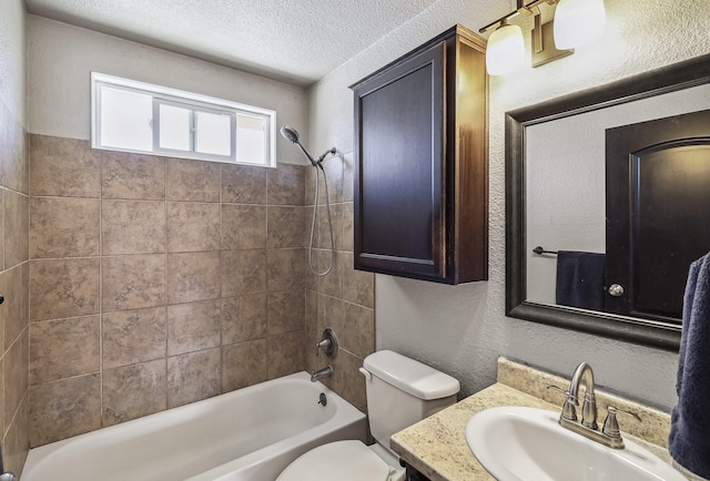 5801 Mountain View Dr, Redding, CA 96003 - full bathroom with toilet, a textured wall, vanity, washtub / shower combination, and a textured ceiling
