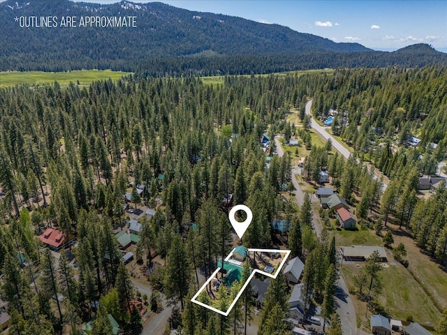 38290 Battle Creek Ave, Mineral, CA 96063 - aerial view of property's location with a heavily wooded area, property boundaries highlighted, and a mountainous background