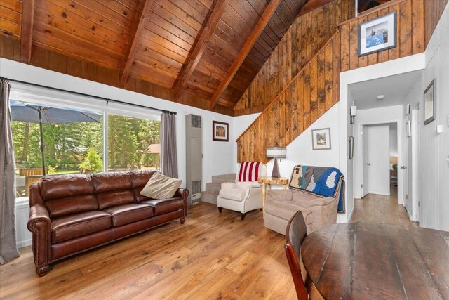 38290 Battle Creek Ave, Mineral, CA 96063 - living area featuring hardwood / wood-style floors, wooden ceiling with exposed beams, and high vaulted ceiling