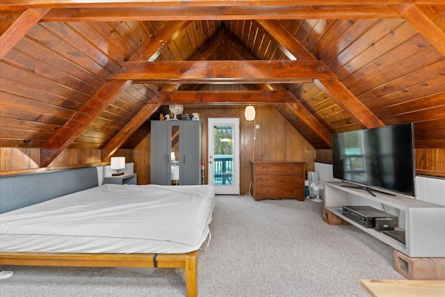 38290 Battle Creek Ave, Mineral, CA 96063 - carpeted bedroom with wood ceiling, access to outside, and wood walls