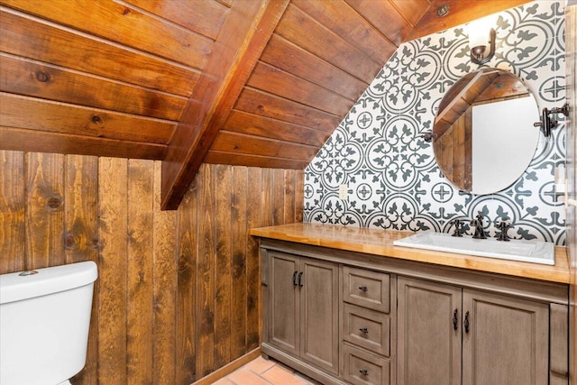 38290 Battle Creek Ave, Mineral, CA 96063 - half bath with wood ceiling, wooden walls, vanity, and toilet