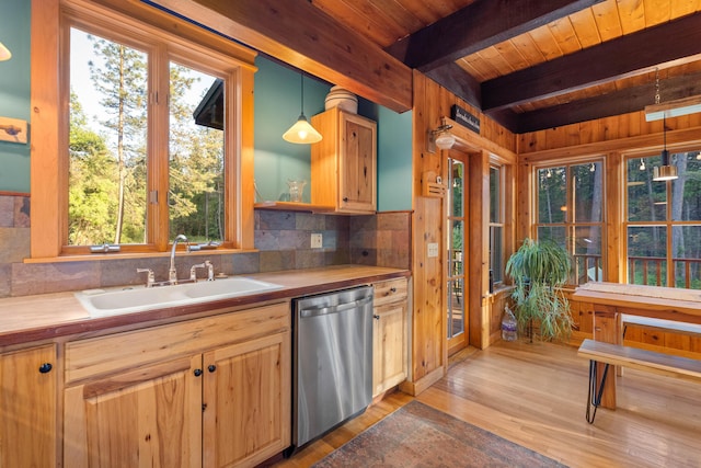 7704 Eastmoore Rd, Shingletown, CA 96088 - kitchen with stainless steel dishwasher, a sink, plenty of natural light, beamed ceiling, and wooden ceiling