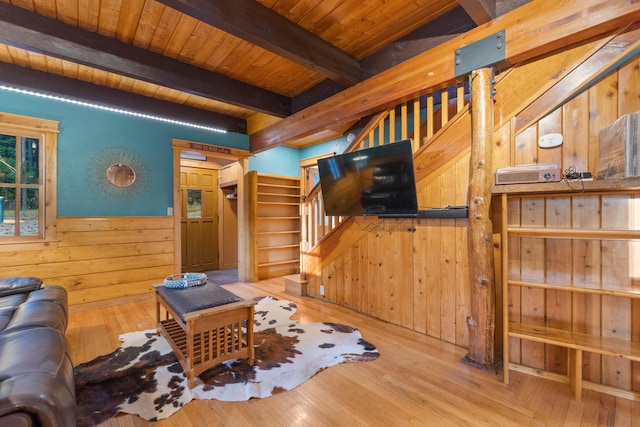 7704 Eastmoore Rd, Shingletown, CA 96088 - living room with beam ceiling, stairway, wood walls, wood ceiling, and wood finished floors