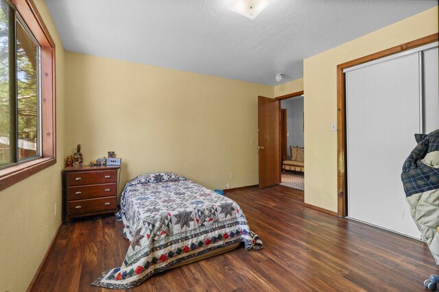 7372 Tahoe Ln, Shingletown, CA 96088 - bedroom featuring wood finished floors, multiple windows, a closet, and a textured ceiling