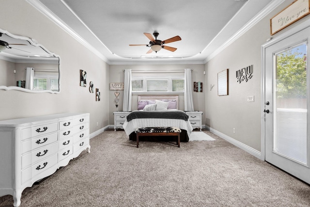 22540 Brady Ct, Red Bluff, CA 96080 - bedroom featuring crown molding, carpet flooring, baseboards, ceiling fan, and access to outside
