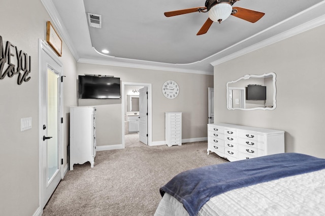 22540 Brady Ct, Red Bluff, CA 96080 - bedroom with carpet, crown molding, baseboards, ensuite bath, and ceiling fan