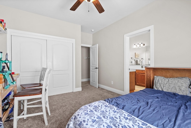 22540 Brady Ct, Red Bluff, CA 96080 - bedroom with light carpet, ensuite bathroom, a ceiling fan, and baseboards