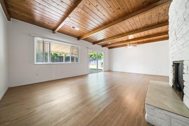 1640 Wisconsin Ave, Redding, CA 96001 - unfurnished living room with a stone fireplace, wood ceiling with exposed beams, wood finished floors, a ceiling fan, and baseboards