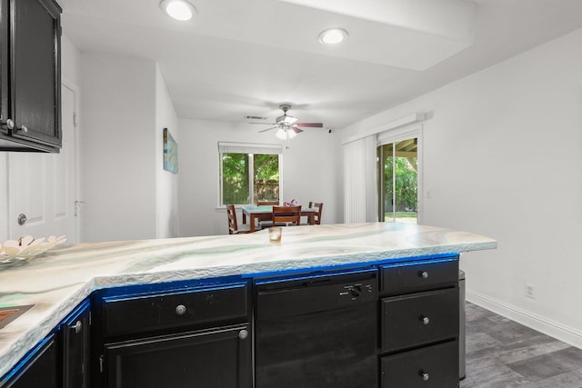 910 Montcrest Dr, Redding, CA 96003 - kitchen with dark cabinets, a ceiling fan, black dishwasher, wood finished floors, and recessed lighting