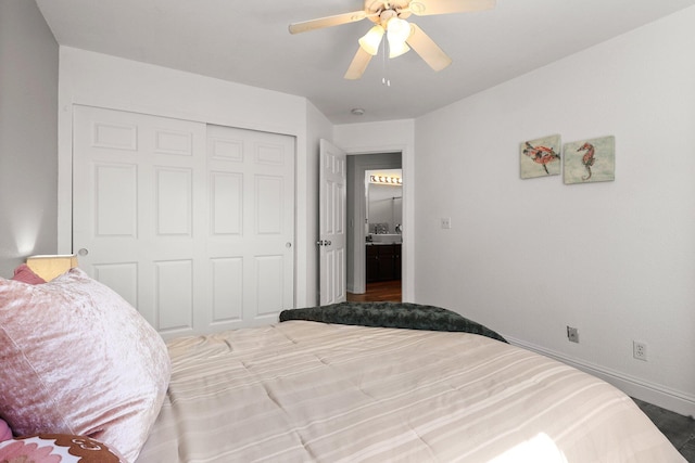 910 Montcrest Dr, Redding, CA 96003 - bedroom featuring a closet, baseboards, and ceiling fan