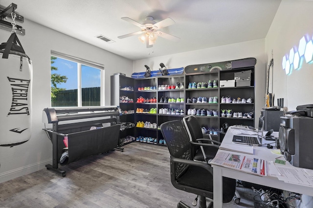910 Montcrest Dr, Redding, CA 96003 - office space with a ceiling fan, wood finished floors, and baseboards