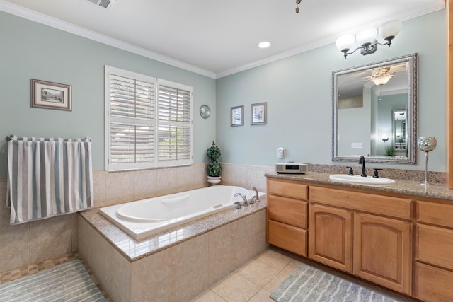 6766 Drake Dr, Anderson, CA 96007 - full bath with vanity, a garden tub, tile patterned floors, ornamental molding, and ceiling fan