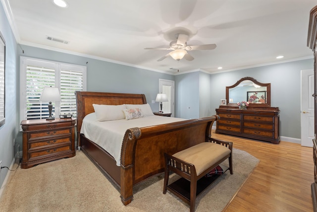 6766 Drake Dr, Anderson, CA 96007 - bedroom featuring recessed lighting, light wood-style floors, baseboards, a ceiling fan, and crown molding