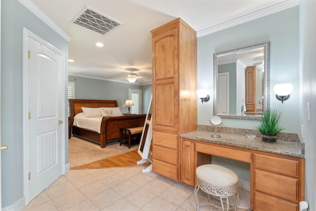 6766 Drake Dr, Anderson, CA 96007 - bathroom with ornamental molding, a ceiling fan, vanity, recessed lighting, and tile patterned flooring