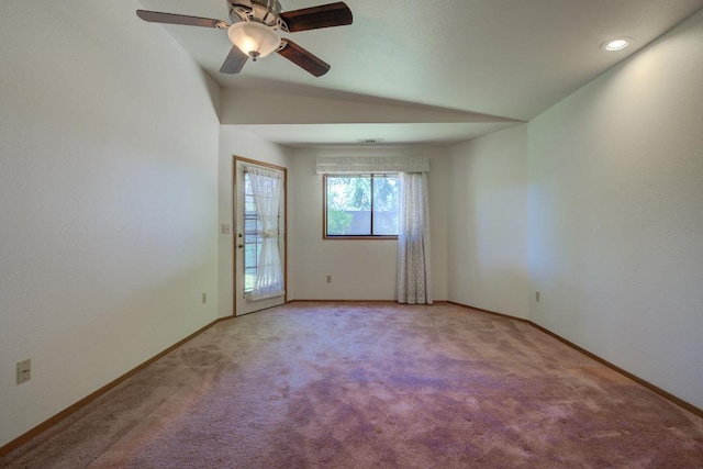 1922 Paris Ave, Redding, CA 96001 - empty room with light colored carpet, a ceiling fan, vaulted ceiling, baseboards, and recessed lighting